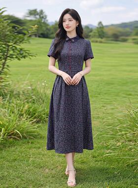 连衣裙夏季新款装减龄气质翻领身碎花女显SY2687-0瘦短修袖长裙