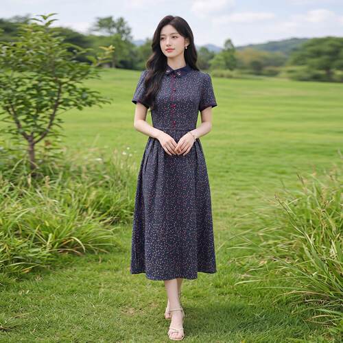 连衣裙夏季新款装减龄气质翻领身碎花女显SY2687-0瘦短修袖长裙