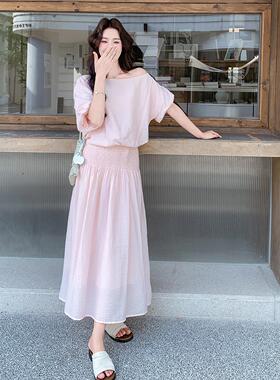 粉色柔韩短袖上系C270-295衣褶皱半身裙套装夏季温款收腰甜美两新