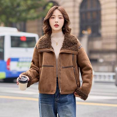 翻领皮毛一体91外套LU9108-1短款衣2025秋冬季新款加绒小个子显瘦