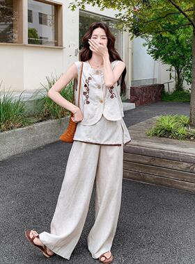 老钱弛风亚麻2B110-37腿套装夏女季独特漂亮刺绣马甲阔裤松感两件