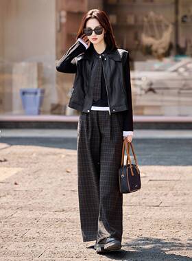 时尚套2015格子拼接PCY8169-0U皮马甲配装领结+格子阔腿裤2两件套