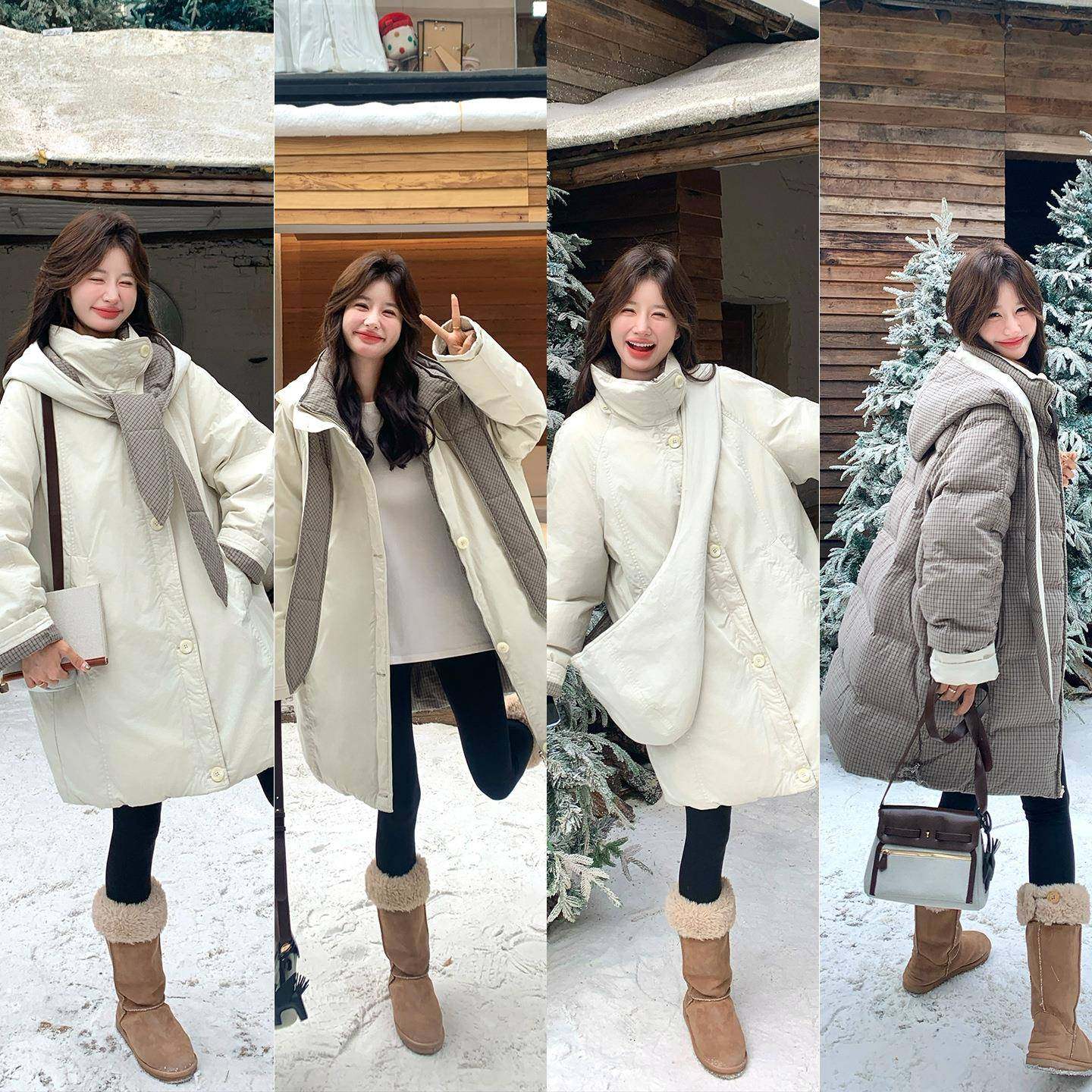 米白色工装冬连帽羽绒服宽女长款季新款B220-880韩版松加厚中绒外