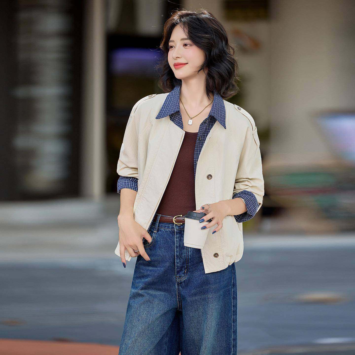 02闲5秋新拼WW2540-0接格子短款宽松夹克外套小个子短外套款休上