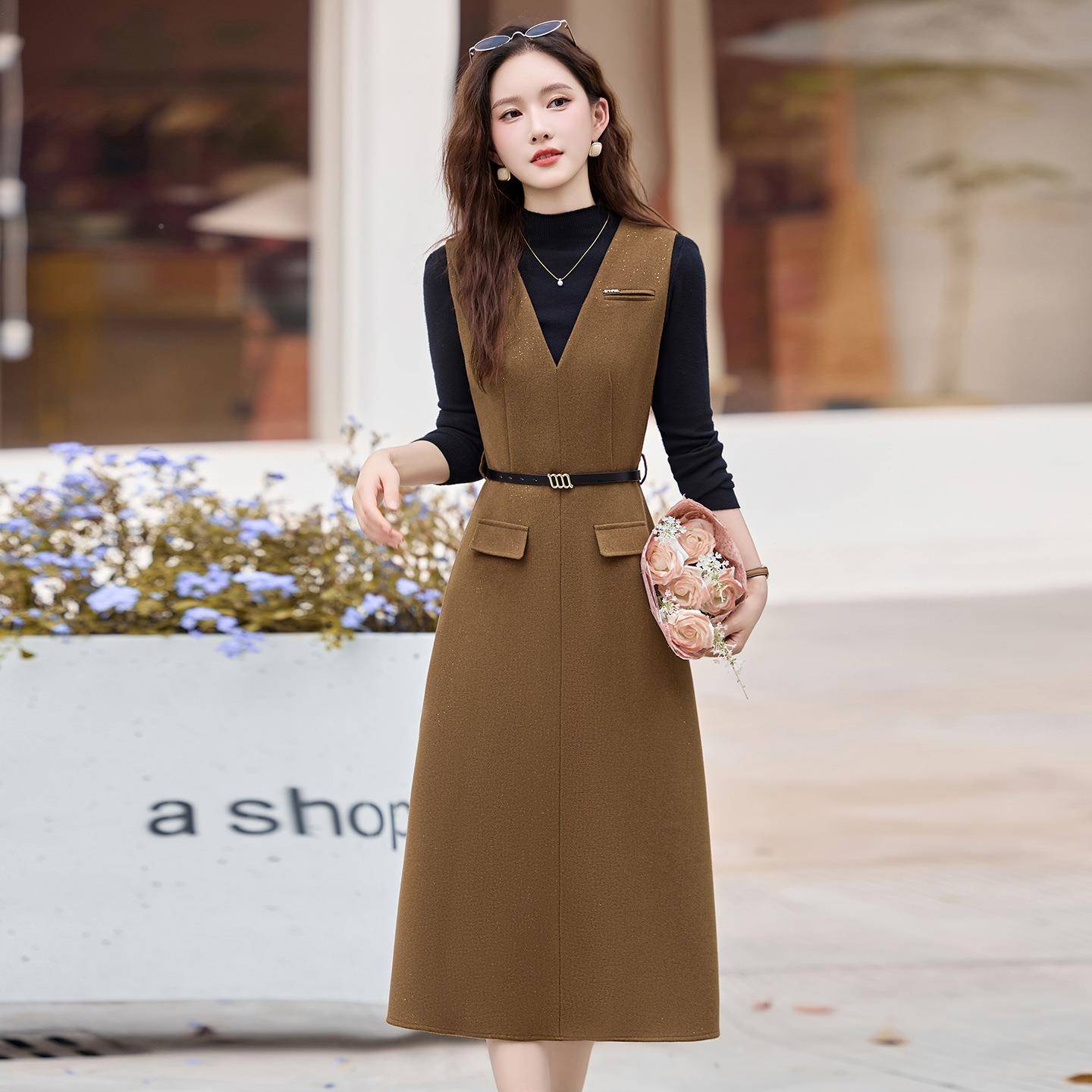 女装连衣裙5202秋冬新款针织时尚百搭衫背心长裙两件5套XM952-10