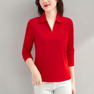 闲中年妈妈翻领打衫 秋季 343休衣年新款 恤女士底上纯色58 长袖