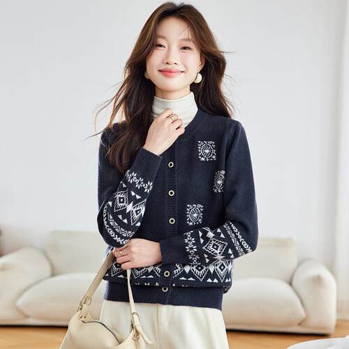 款秋季新衣女针织开衫毛外圆套领宽松印花时尚针SH20203-织衫