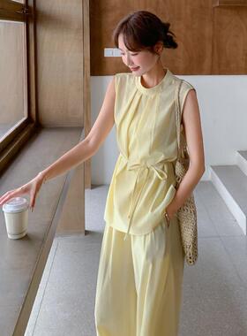 奶黄色褶无收腰袖阔背心腿皱裤C090-912套装女夏日新款松弛时尚两