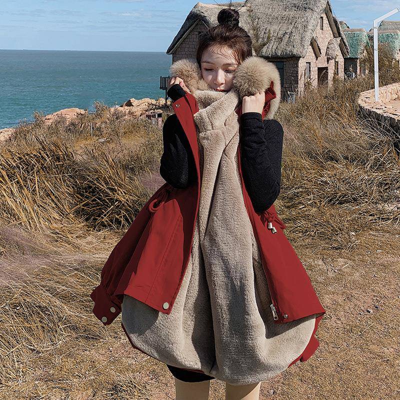 大红色派克服女冬款B169-90收加腰学生韩系绒厚小个子爆款毛领新