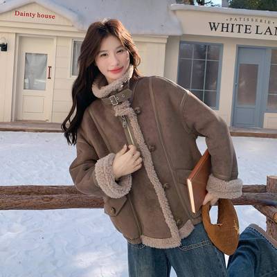 浅棕色复古仿皮毛D07-661立一体领羊羔毛外套实女装保暖冬厚棉服
