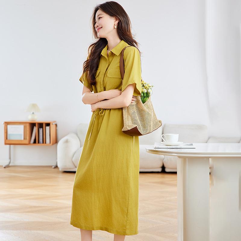 棉麻连衣裙夏天款年新款中薄ZOU588R年妈时尚气质高腰级感收衬衫