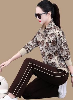 休闲运动卫服套女春休秋新款时尚洋气826656印花衣妈装妈闲两件套