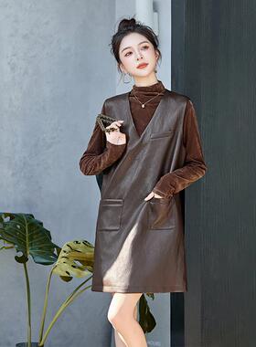 秋季背新款女装底衫打时髦简约无裙袖心皮两HE5109-0件套连衣裙