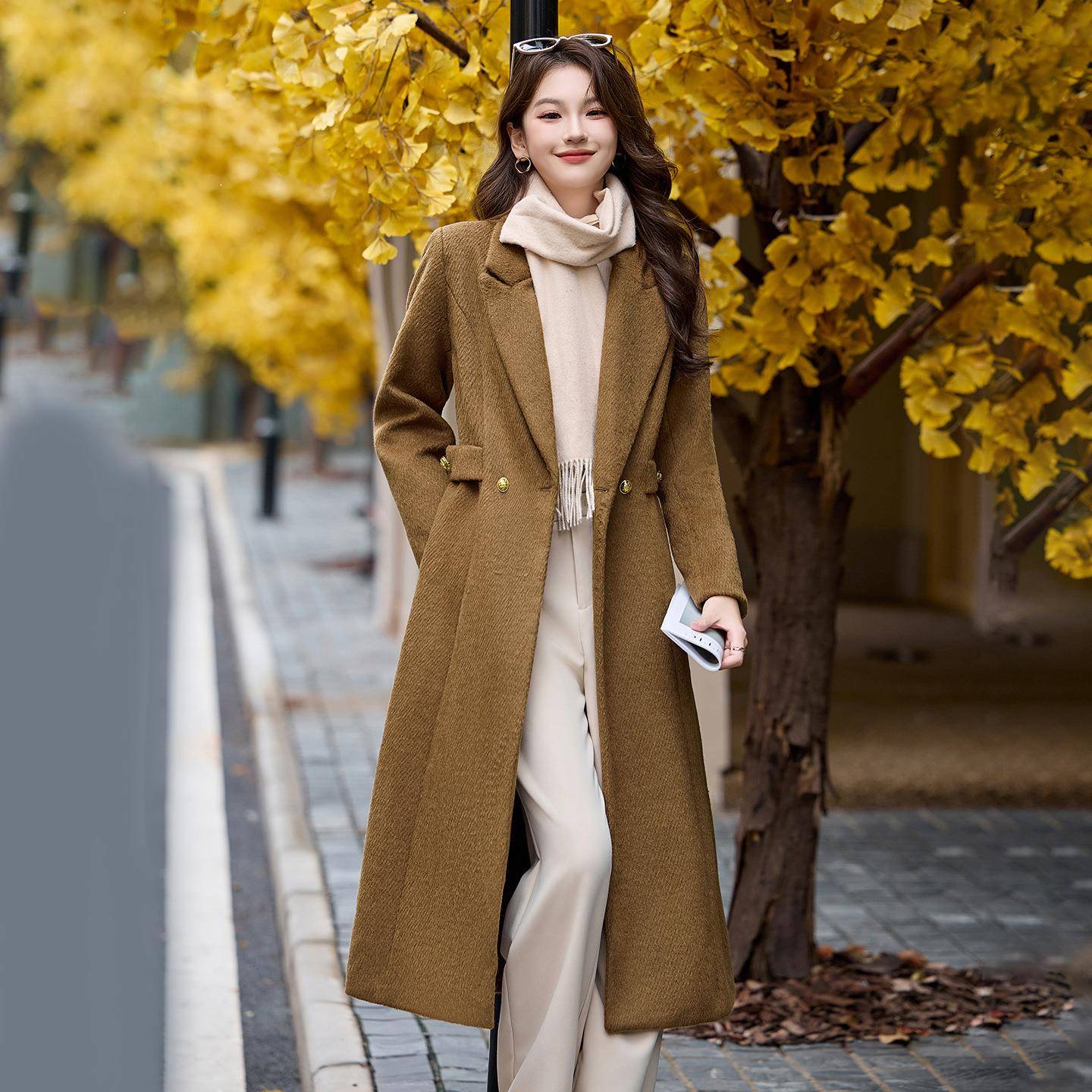 高级感毛收腰西中ZHUOA12装领毛呢大衣女冬新款气质百搭长款秋呢