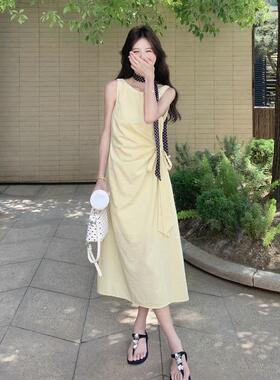 度假风气质绝美氛围淡黄色袖无连感衣裙夏季新款背心2b191-88长裙