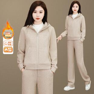 运安拉红动女套装秋冬新款加绒连帽卫衣洋可气84259705开衫加厚休