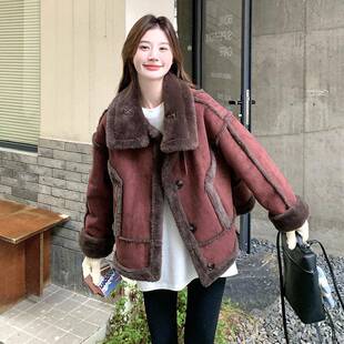 一安哥红仿皮2B148-9毛体套女甜酷机车风冬新外款加绒拉加厚棉衣