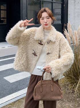 米皮黄色短款牛角c176-528暖扣羊羔毛外套女新实款小个子保厚仿毛