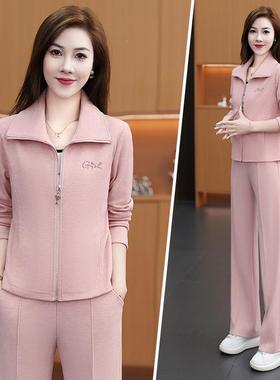时尚适休闲瘦87142舒阔套装女中年妈妈气质减龄显翻领开衫腿裤子