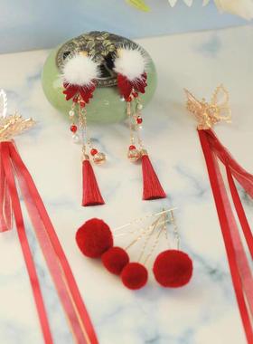 中国风新年毛球红色发夹长飘带流苏可爱儿童冬季古风对夹边夹头饰