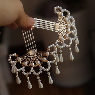 古风珍珠发簪复古汉服头饰唐风明制流苏发钗插梳掩鬓发饰配饰品
