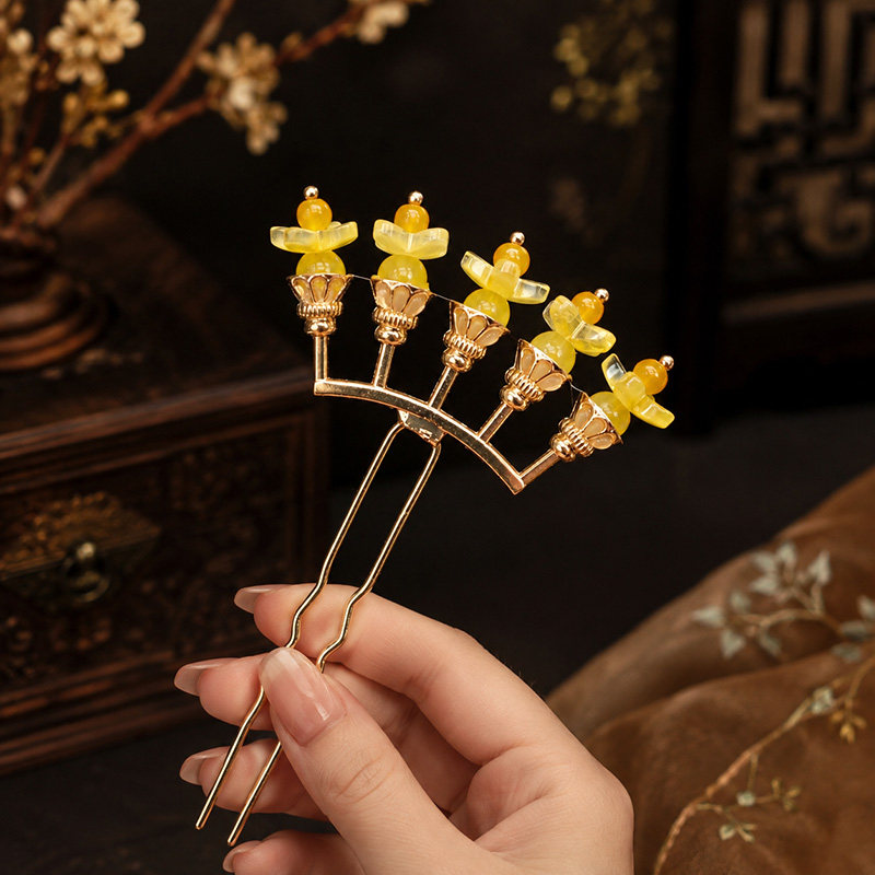 汉服明制黄色琉璃花朵U钗发簪图片