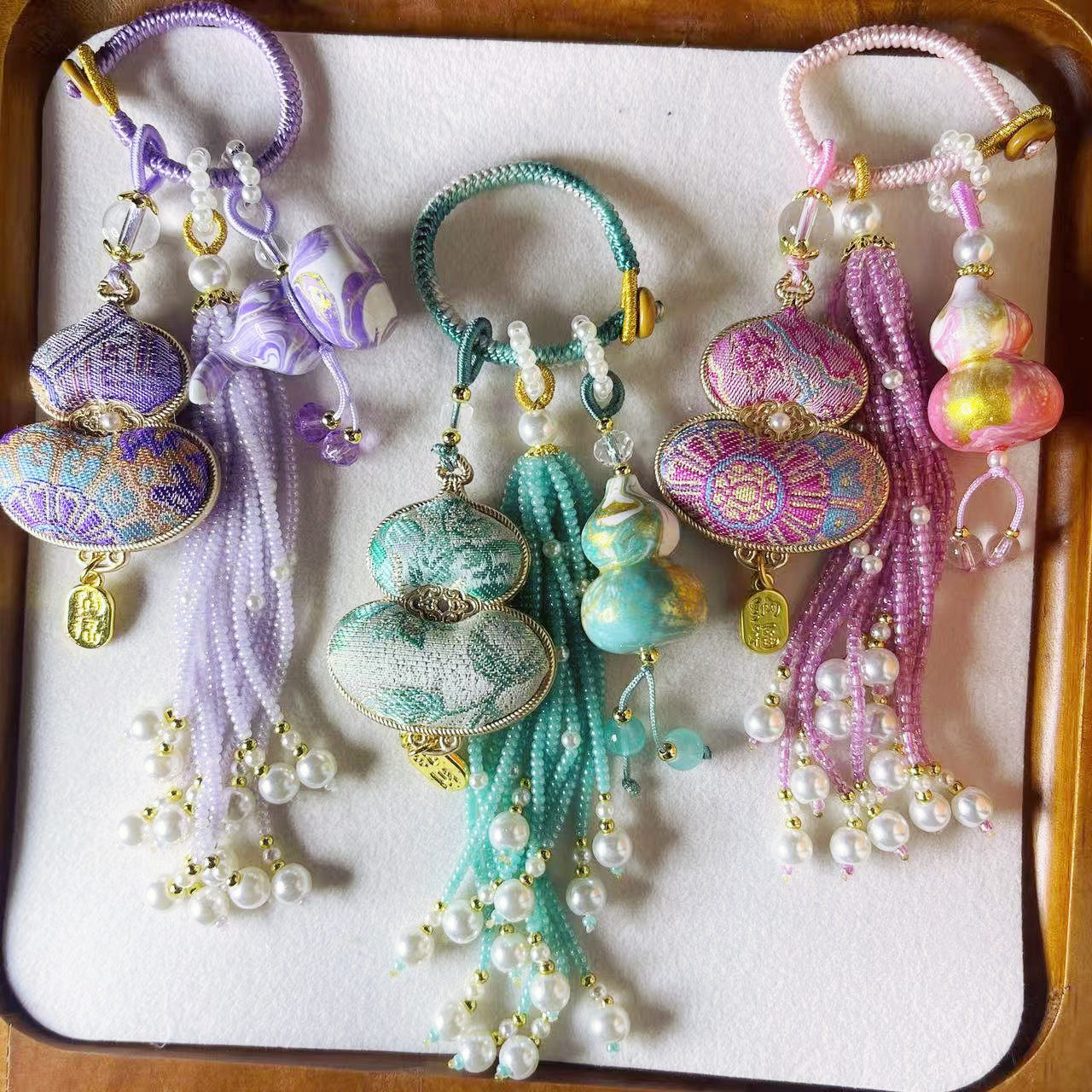 宋锦大漆葫芦流苏挂坠手工编织福禄吊坠钥匙扣手机挂件包包挂饰