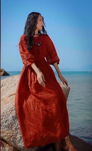 宽松收腰亚麻中长款 大码 裙子 欧货棉麻连衣裙女韩版 2022年夏秋新款