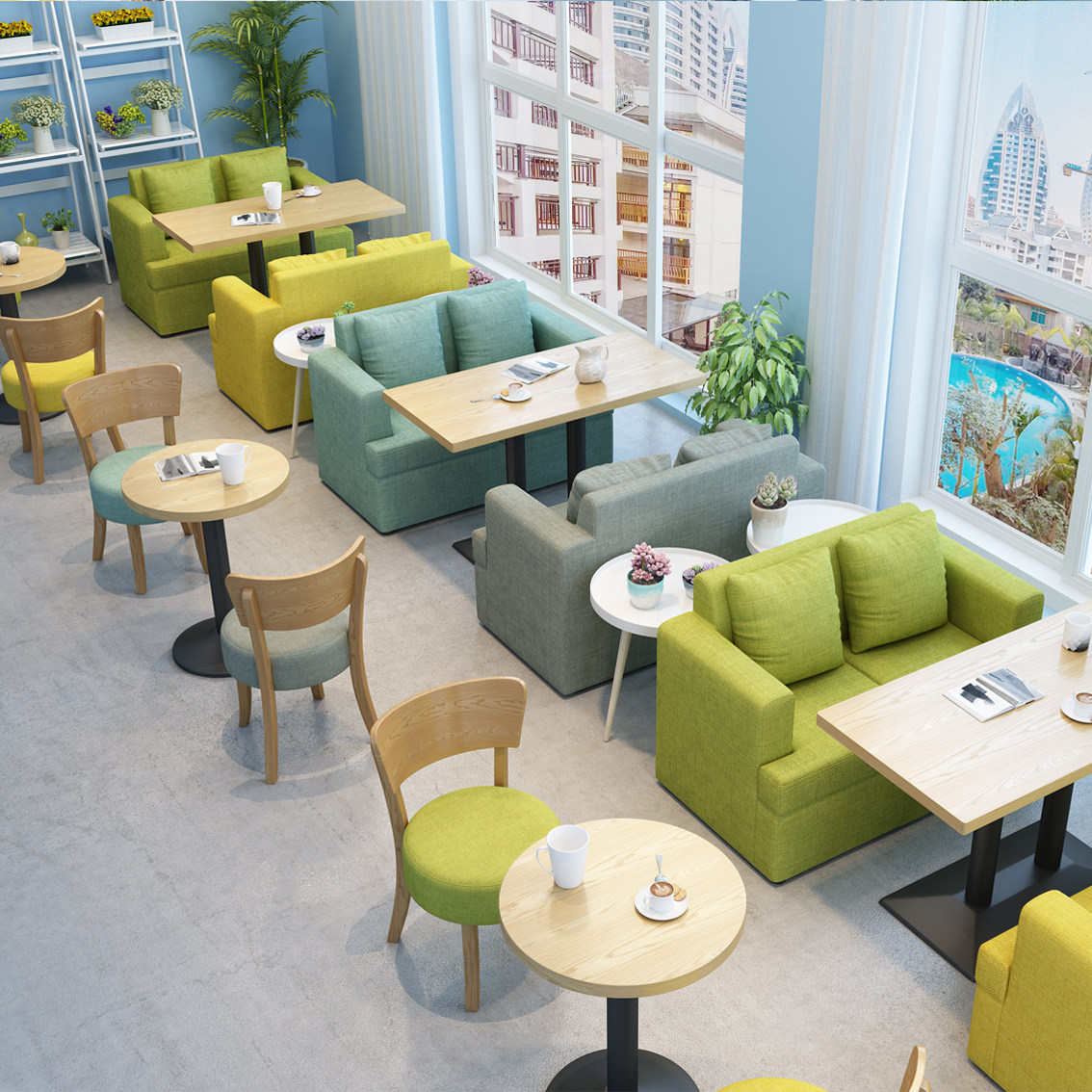 小吃汉堡奶茶甜品店双人扶手沙发桌椅简约清新休闲咖啡厅卡座组合