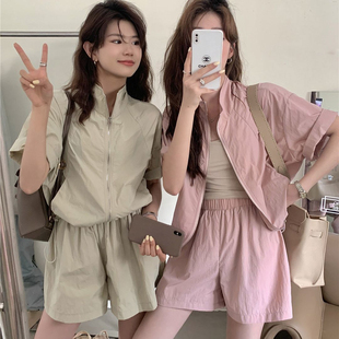 寬松短褲 港風(fēng)chic防曬上衣套裝 女夏新款 鹽系穿搭薄款 運(yùn)動(dòng)服兩件套