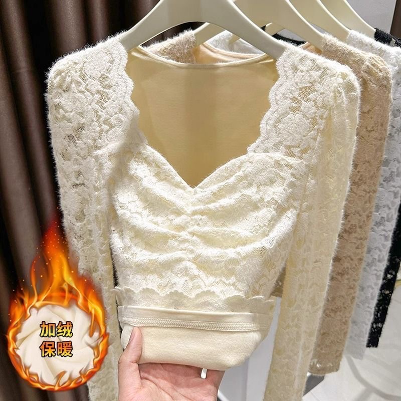 加绒加厚蕾丝打底衫女洋气秋冬新款磨毛薄绒内搭小衫波浪v领上衣