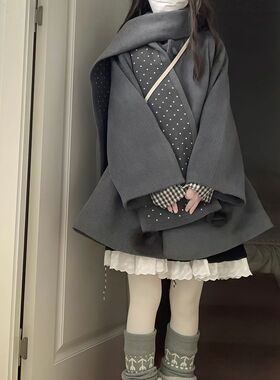 【灰絮星境】乖乖女穿搭可爱围巾灰色外套毛呢外套冬季小个子新款