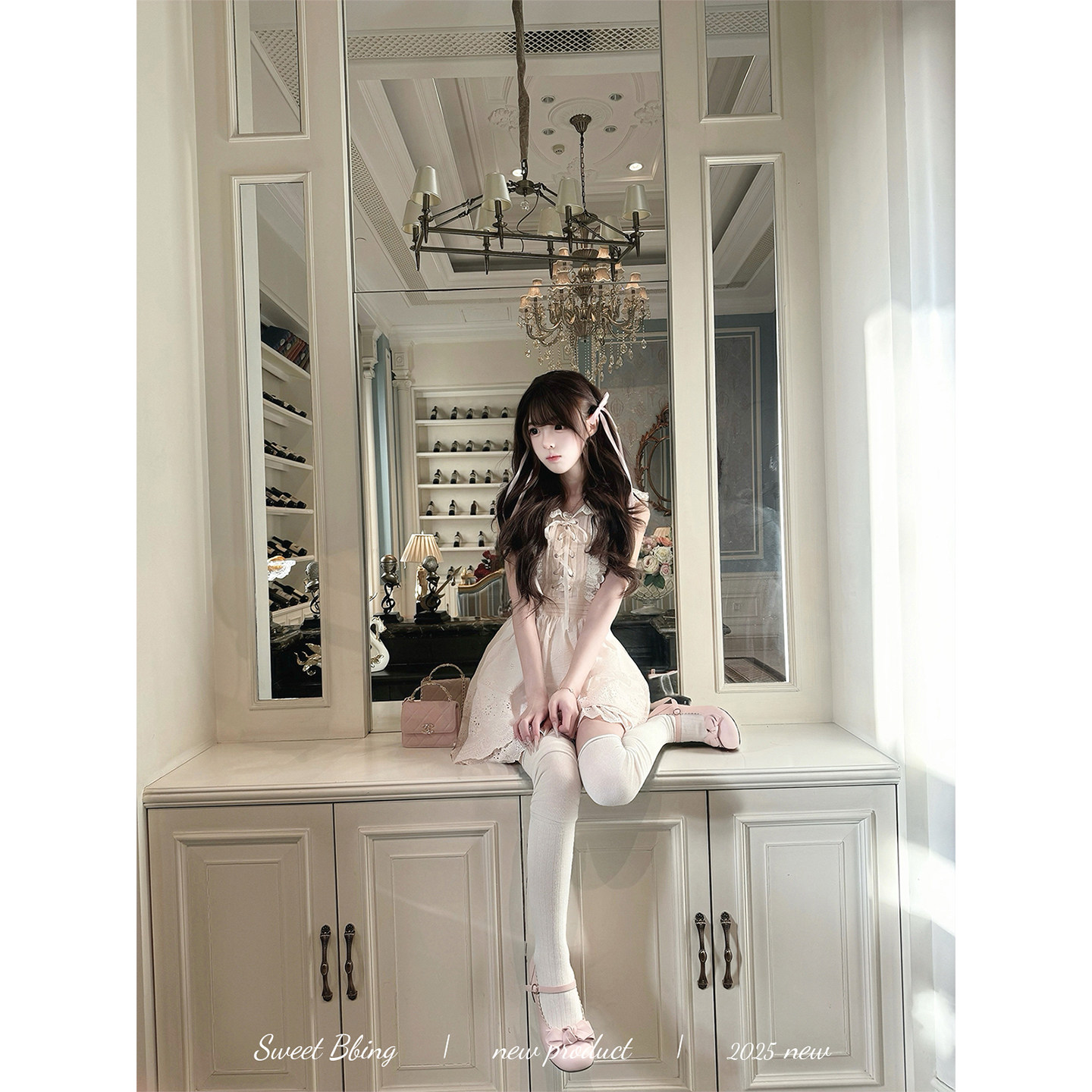 BBING甜饼 落樱情书 浅粉色少女绑带花边蕾丝海军领收腰连衣裙