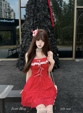 BBING甜饼 樱桃泡泡 红色波点吊带连衣裙纯欲温柔显瘦蝴蝶结裙子
