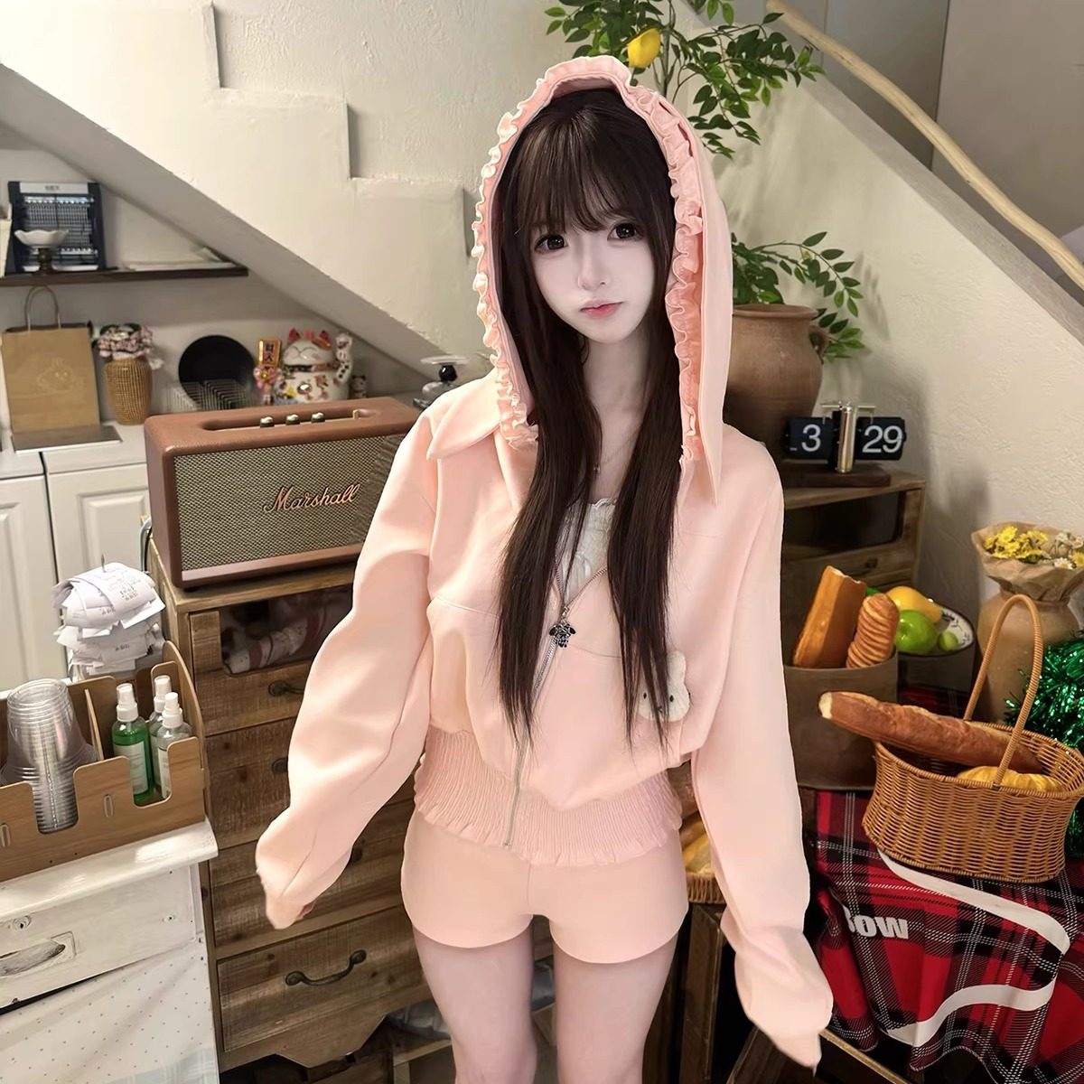 BBING甜饼 软萌小兔 兔耳朵连帽套装粉色宽松百搭休闲短外套&短裤,女装/女士精品,时尚套装,淘宝优惠券,粉丝福利购,淘宝优惠卷
