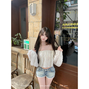 BBING甜饼 心愿兔 纯欲一字肩灯笼袖宽松显瘦微透短款上衣长袖女
