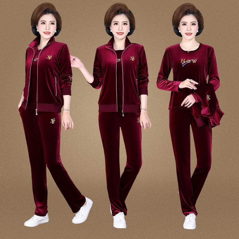 妈妈秋装外套40岁50中老年金丝绒运动套装女2022新款中年人三件套