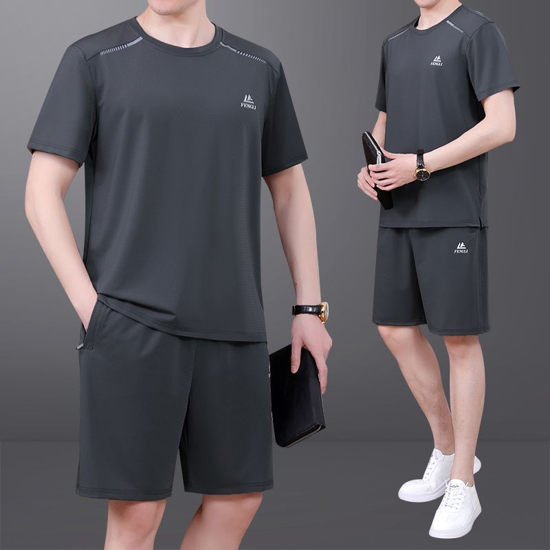 爸爸冰丝运动套装男士夏季速干短袖t恤短裤中老年休闲运动服薄款