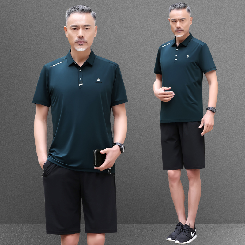 夏季薄款运动套装男冰丝短袖T恤男直筒长裤宽松中老年爸爸两件套
