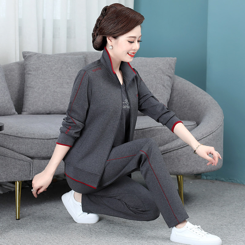 中老年休闲运动服套装女春秋三件套妈妈秋装外套中年大码长袖上衣