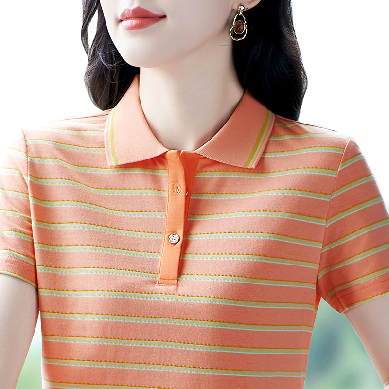 纯棉polo衫t恤女夏季新款条纹翻领短袖大码运动休闲有领女士上衣