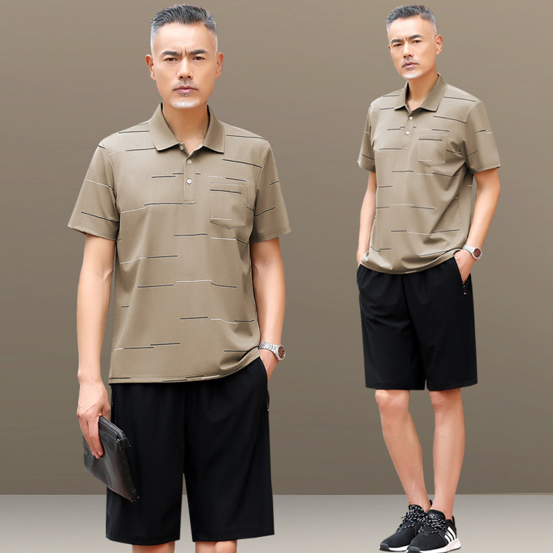 中年人男士爸爸夏装套装冰丝短袖t恤中老年男装休闲运动服男夏季
