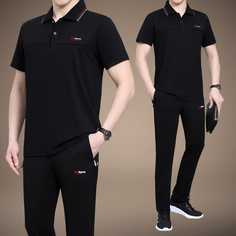 夏装爸爸装休闲运动套装男中老年薄款短袖T恤长裤跑步运动衣大码