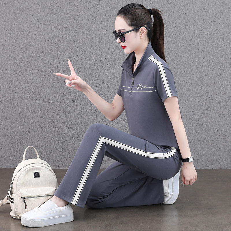 休闲运动套装女士夏季2025新款时尚洋气立领短袖跑步服两件套
