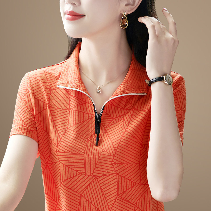 立领短袖T恤女士夏季2025新款洋气减龄百搭半拉链休闲上衣POLO衫