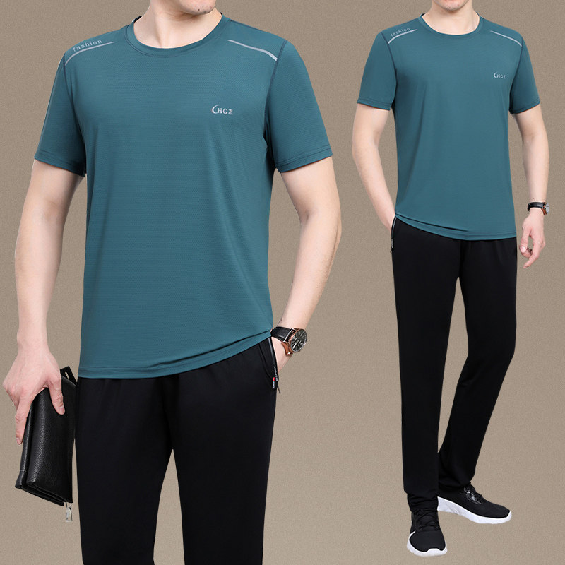 中老年运动套装男夏季薄款短袖圆领休闲装中年运动服男士爸爸夏装