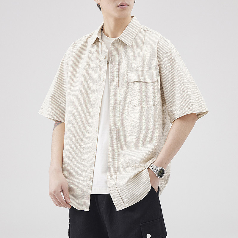 纯棉日系条纹男士短袖衬衫夏季新款潮牌大码复古休闲翻领衬衣外套