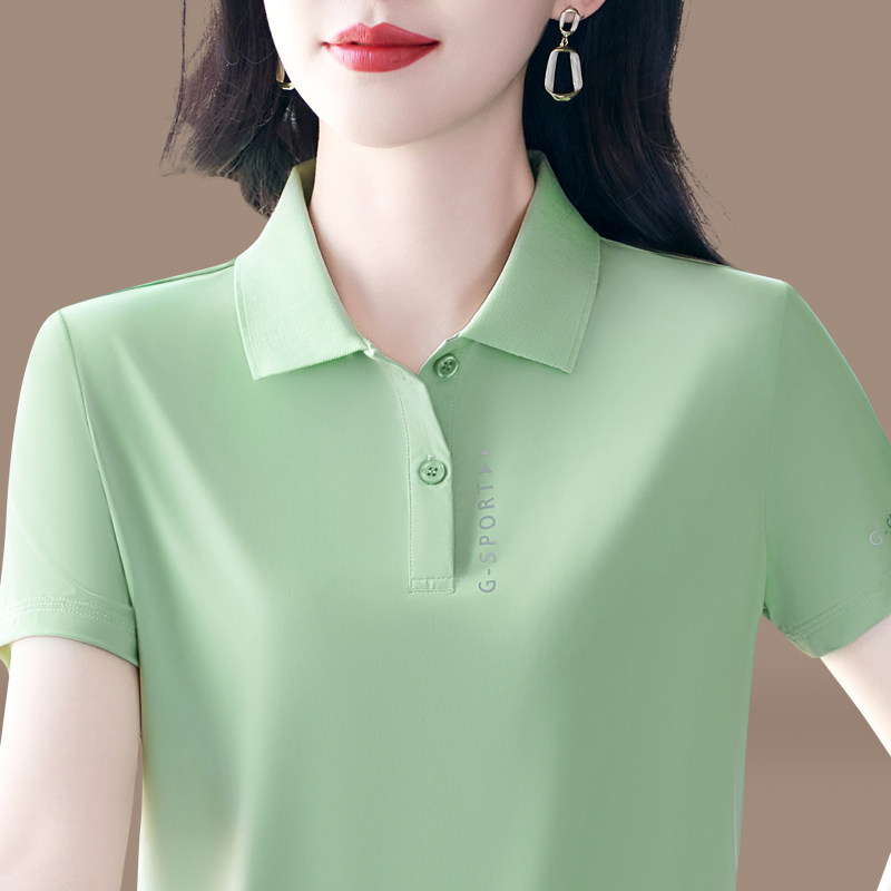 品牌冰丝短袖女夏时尚减龄妈妈速干t恤宽松休闲运动上衣翻领百搭