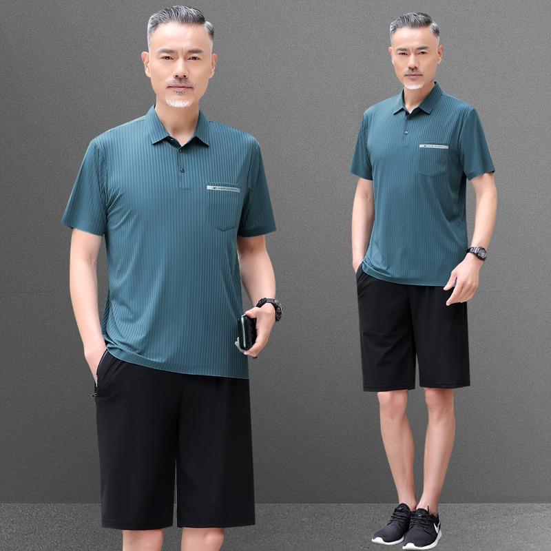 中年运动套装男夏季爸爸装冰丝短袖中老年父亲衣服休闲两件套薄款
