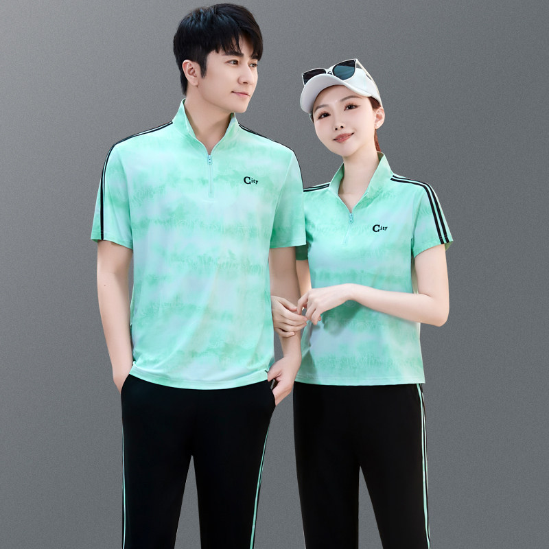 夏季冰丝速干运动套装男女式情侣装短袖T恤上衣休闲跑步服两件套